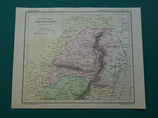 Zuid-Afrika Oude kaart van Zuid-Afrikaansche Republiek Transvaal 1896 originele antieke print ZAR vintage kaarten
