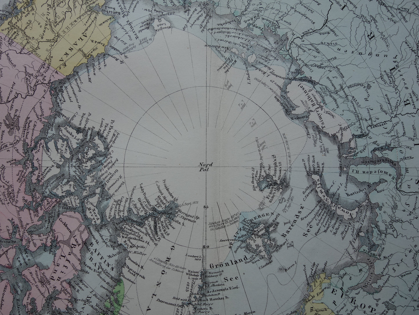 NOORDPOOL oude landkaart van het Noordpoolgebied 1876 originele antieke Duitse kaart van de Arctische regio Groenland poolexpedities