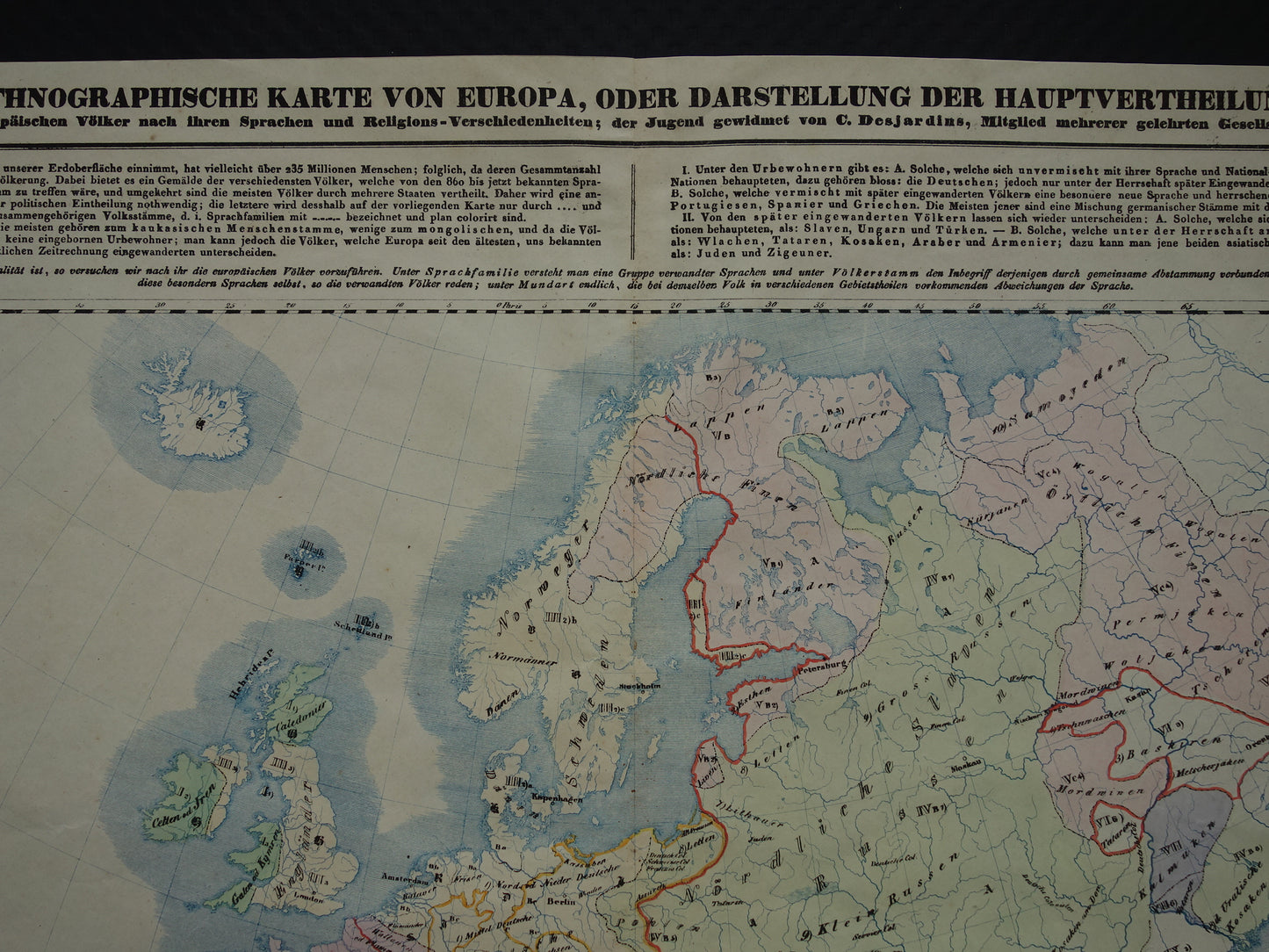 Antieke etnografische kaart van EUROPA 1840 originele antieke landkaart volkeren van Europa - Ethnographische Karte von Europa Desjardins