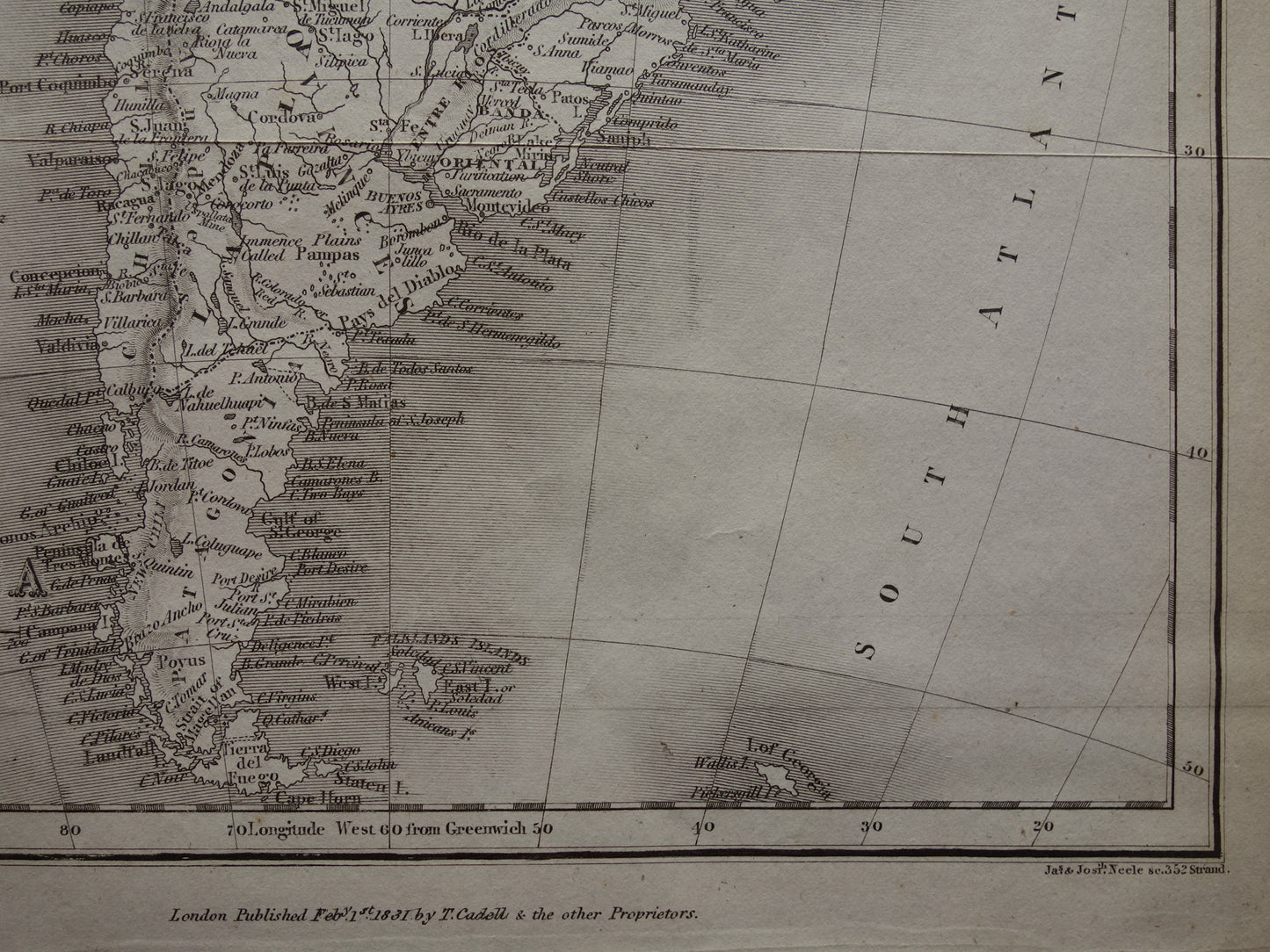 ZUID-AMERIKA oude Engelse kaart uit 1831 met jaartal - antieke landkaart van continent Zuid-Amerika