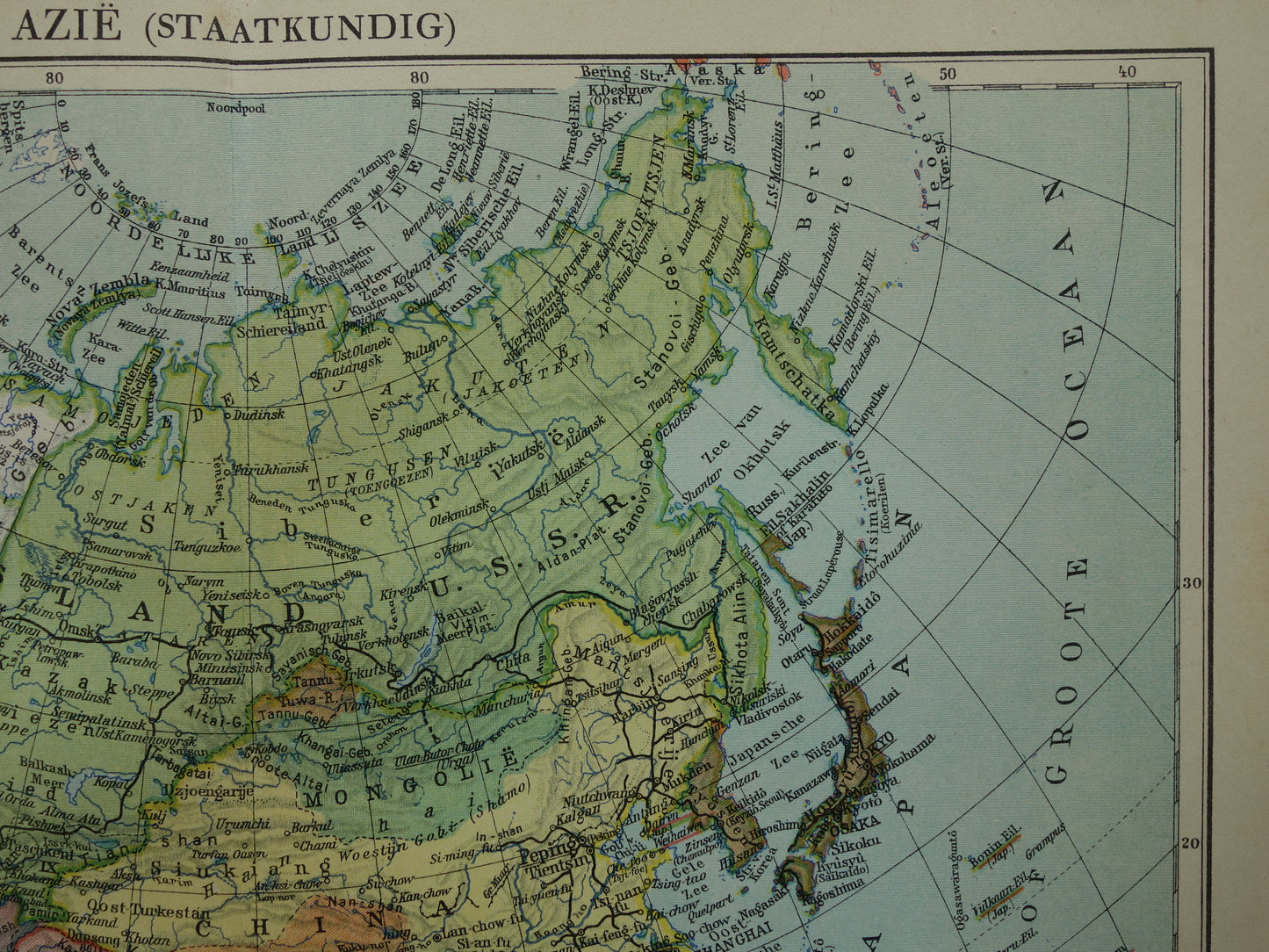 AZIË oude landkaart van continent Azië uit 1936 originele Nederlandse vintage kaart