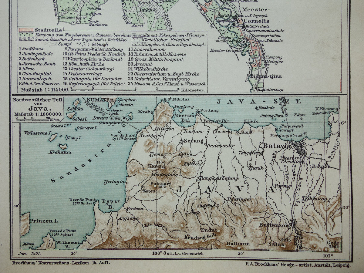 Antieke kaart van Jakarta Indonesië 1901 kleine originele oude plattegrond Batavia vintage kaarten met jaartal