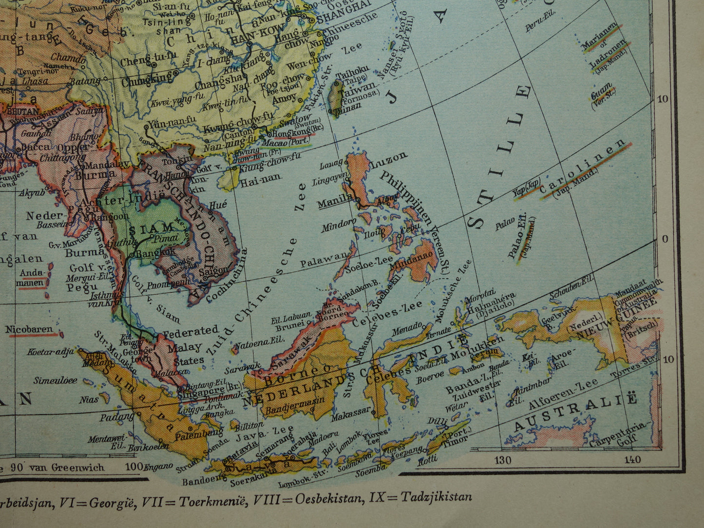 AZIË oude landkaart van continent Azië uit 1936 originele Nederlandse vintage kaart