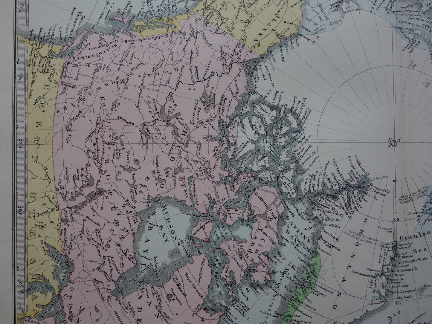 NOORDPOOL oude landkaart van het Noordpoolgebied 1876 originele antieke Duitse kaart van de Arctische regio Groenland poolexpedities