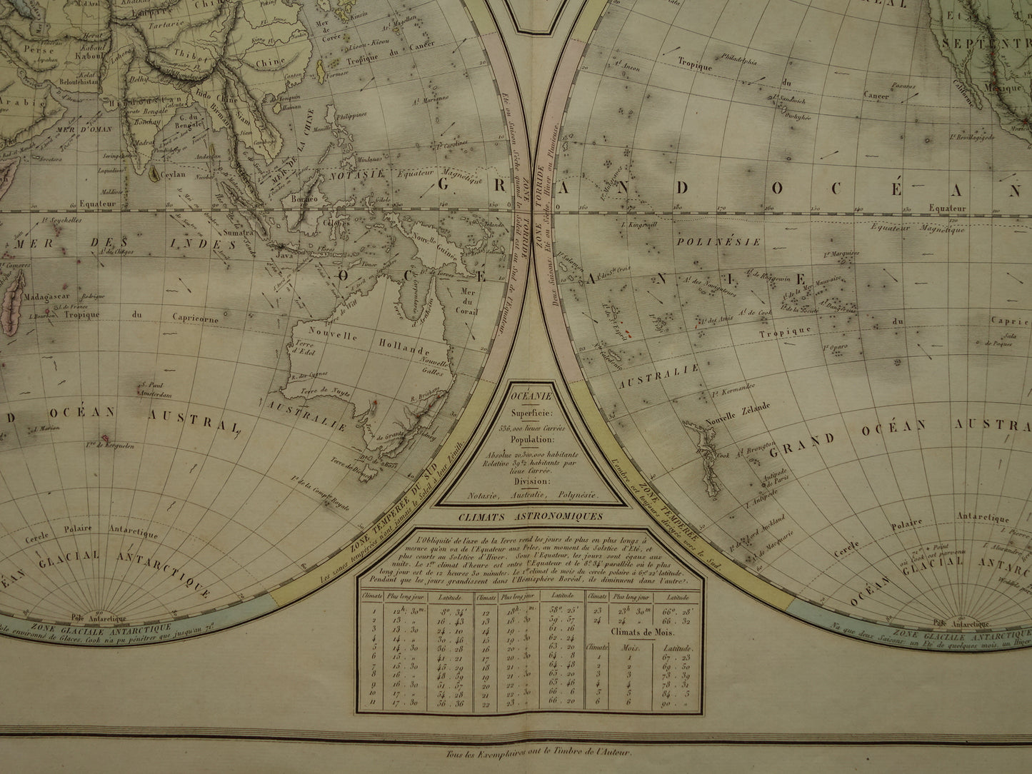 WERELDKAART Zeer mooie oude kaart van de wereld uit 1837 originele antieke handgekleurde Franse landkaart