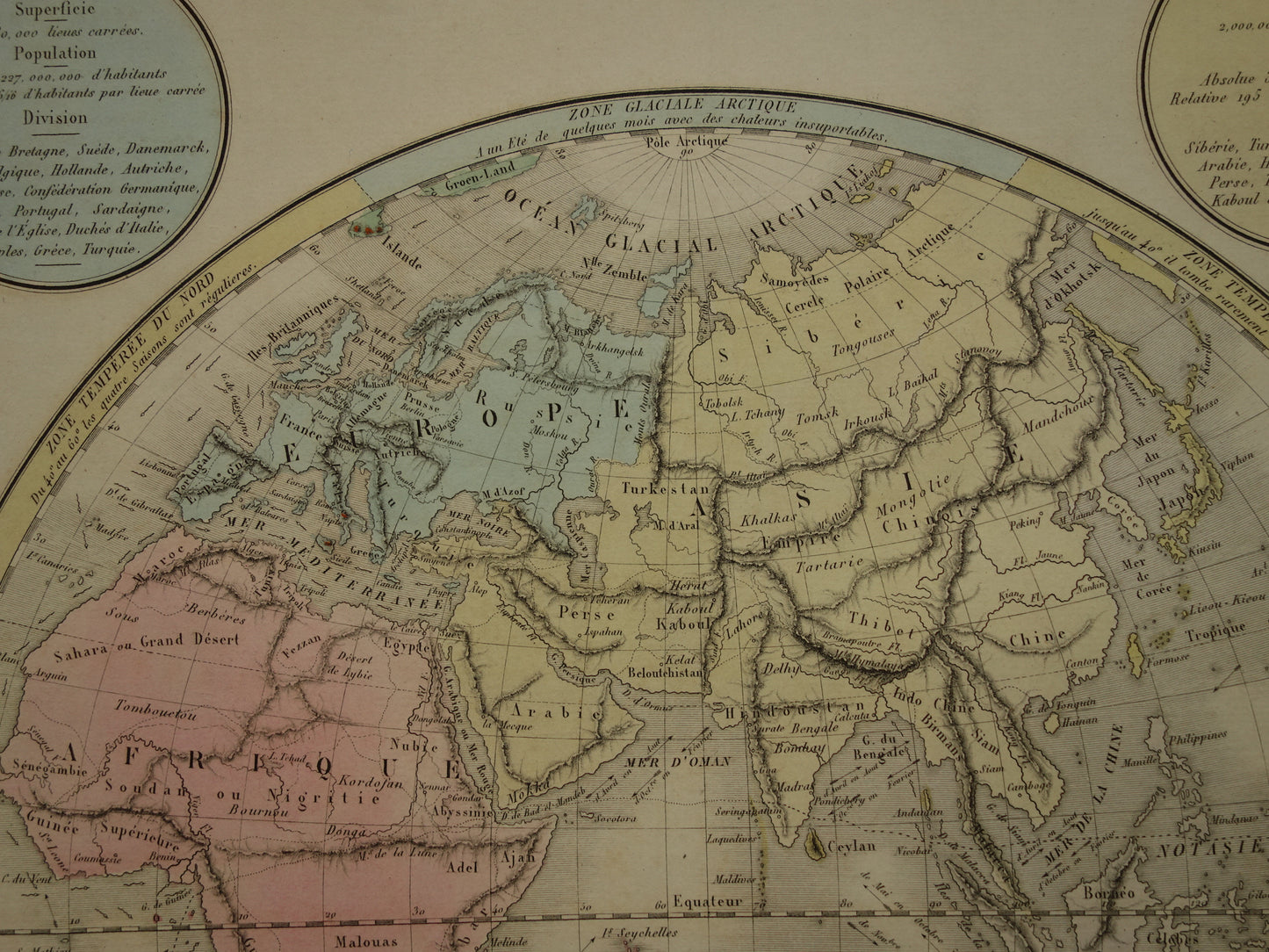 WERELDKAART Zeer mooie oude kaart van de wereld uit 1837 originele antieke handgekleurde Franse landkaart