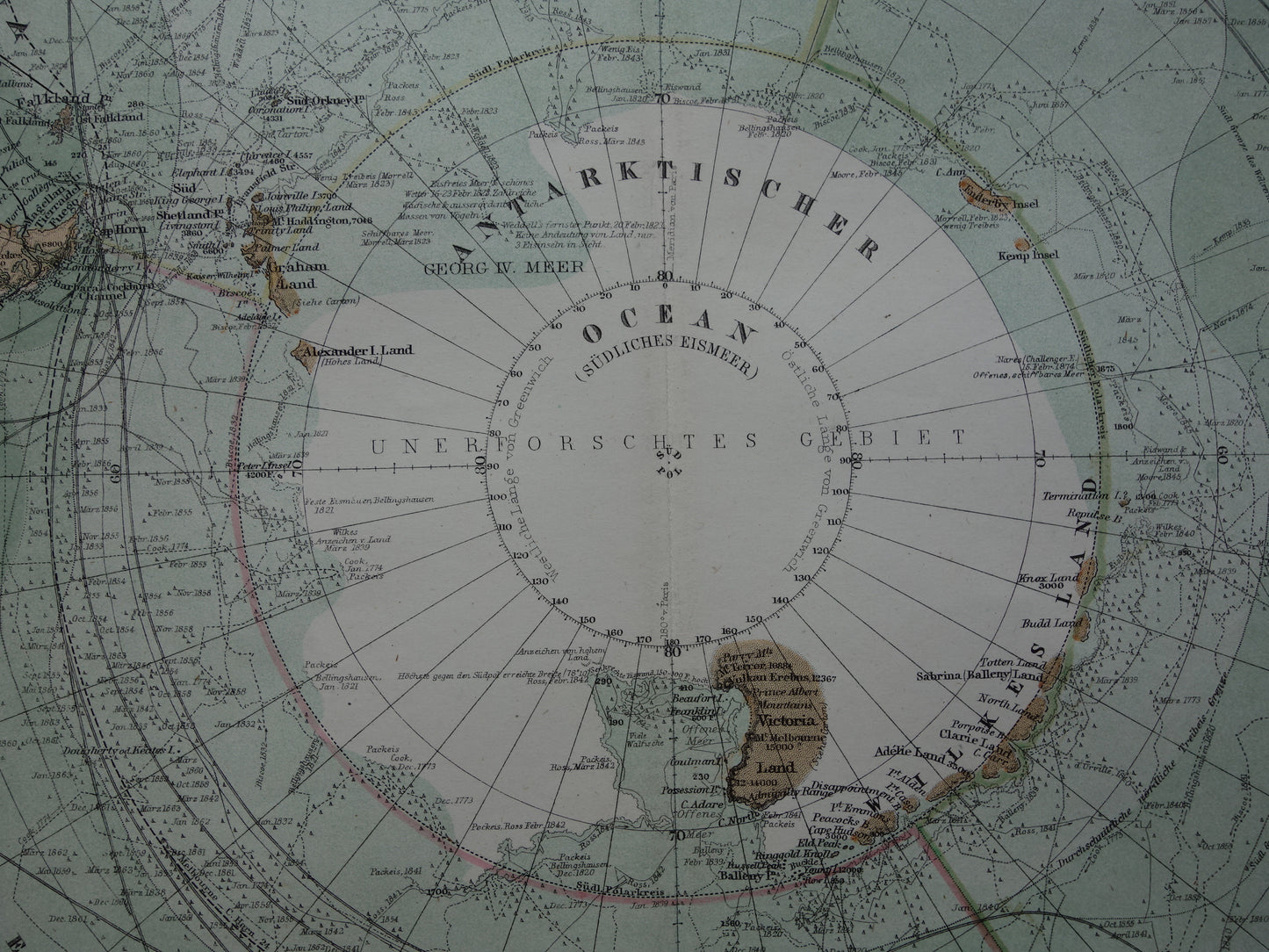 ZUIDPOOL oude landkaart van het Zuidpoolgebied 1876 originele antieke Duitse kaart van Antarctica poolexpedities
