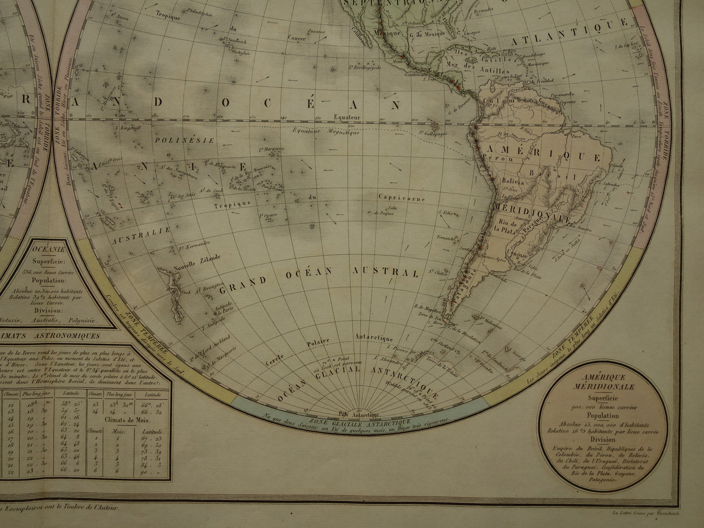 WERELDKAART Zeer mooie oude kaart van de wereld uit 1837 originele antieke handgekleurde Franse landkaart