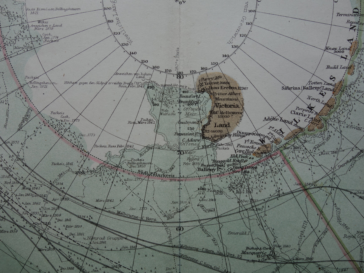 ZUIDPOOL oude landkaart van het Zuidpoolgebied 1876 originele antieke Duitse kaart van Antarctica poolexpedities