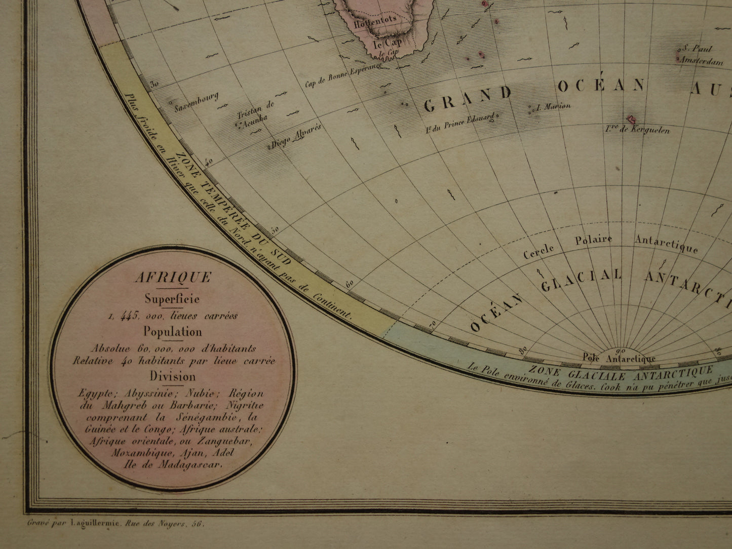 WERELDKAART Zeer mooie oude kaart van de wereld uit 1837 originele antieke handgekleurde Franse landkaart