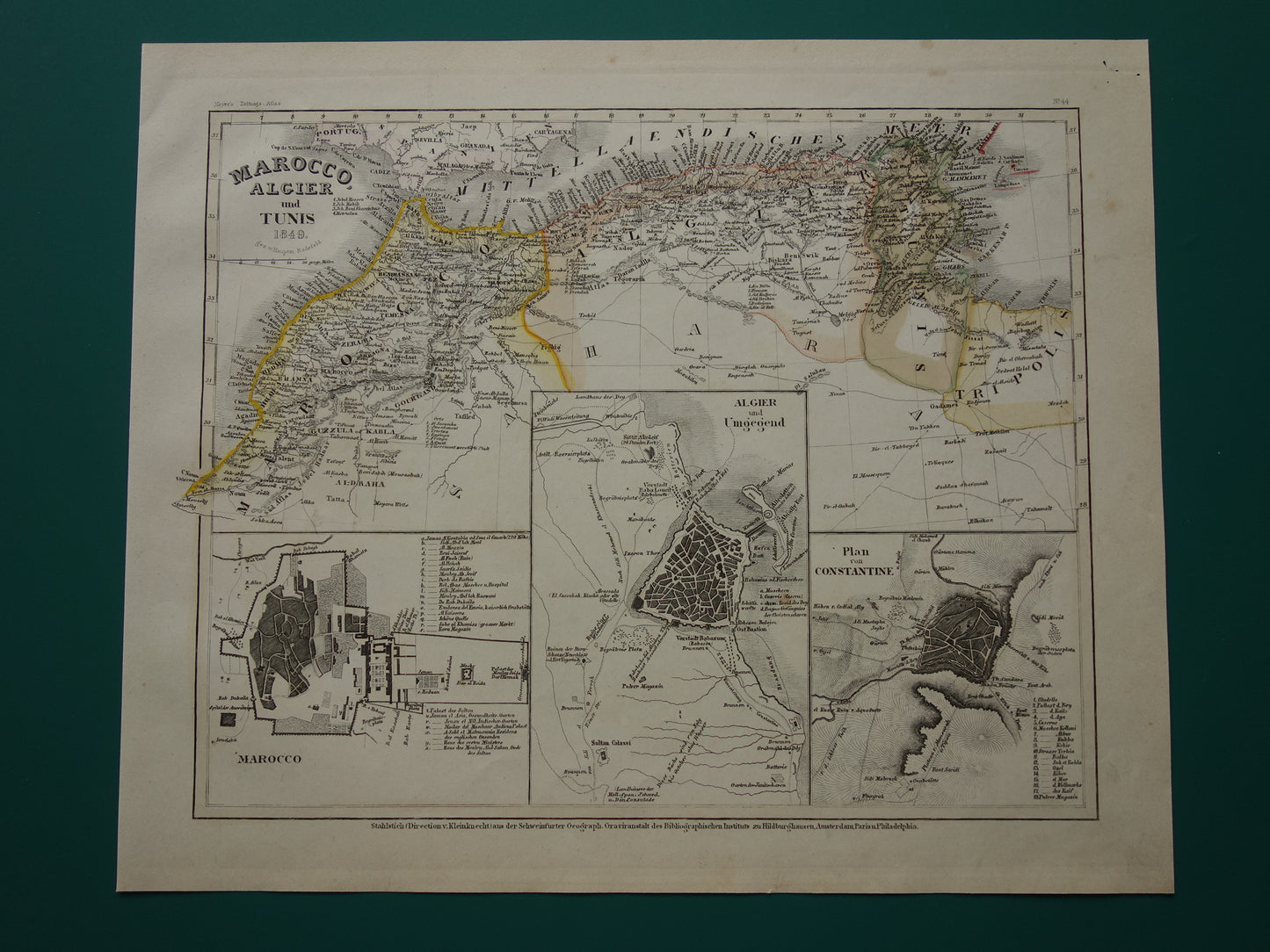 MAROKKO oude kaart van Marokko Algerije en Tunesië 1849 originele antieke landkaart Algiers Constantine en Marakesh plattegrond