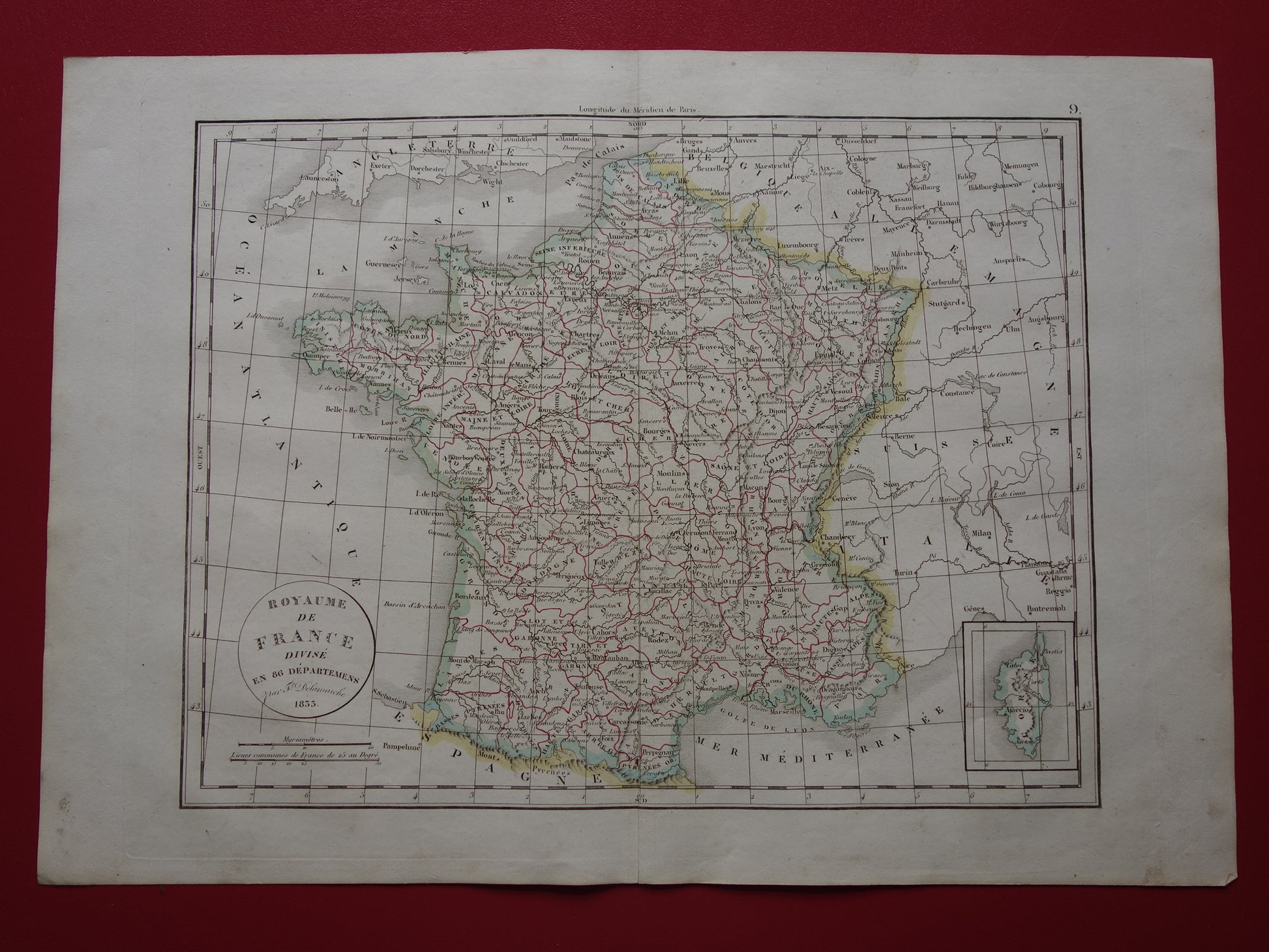 FRANKRIJK oude Franse kaart van Frankrijk uit 1833 originele antieke handgekleurde landkaart Franse departementen