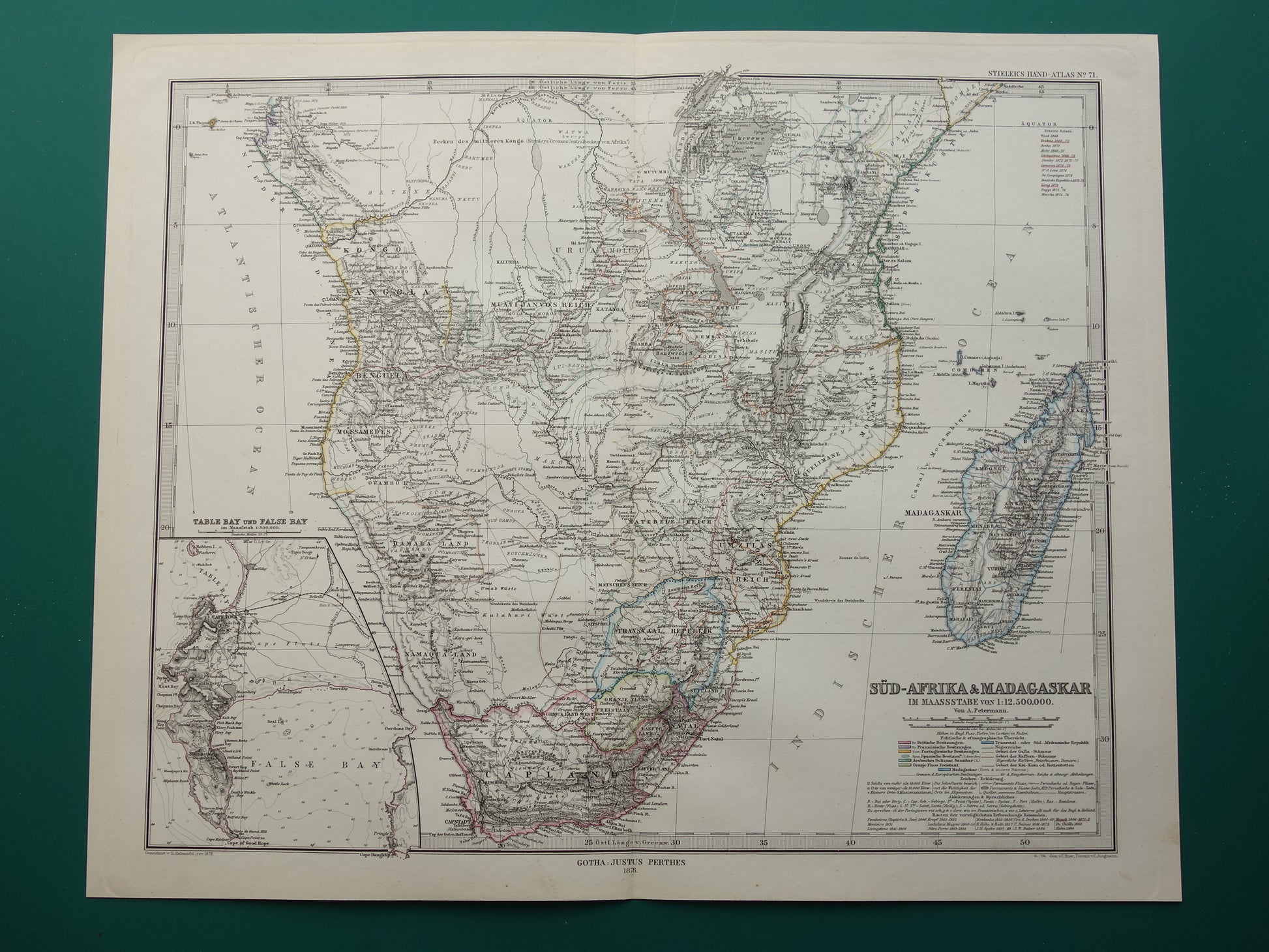 Antieke landkaart van Afrika in 1878 Grote originele 145+ jaar oude kaart van Zuid-Afrika Madagaskar Angola Namibië Botswana Tanzania Congo Mozambique Zambia Route Livingstone Andersson