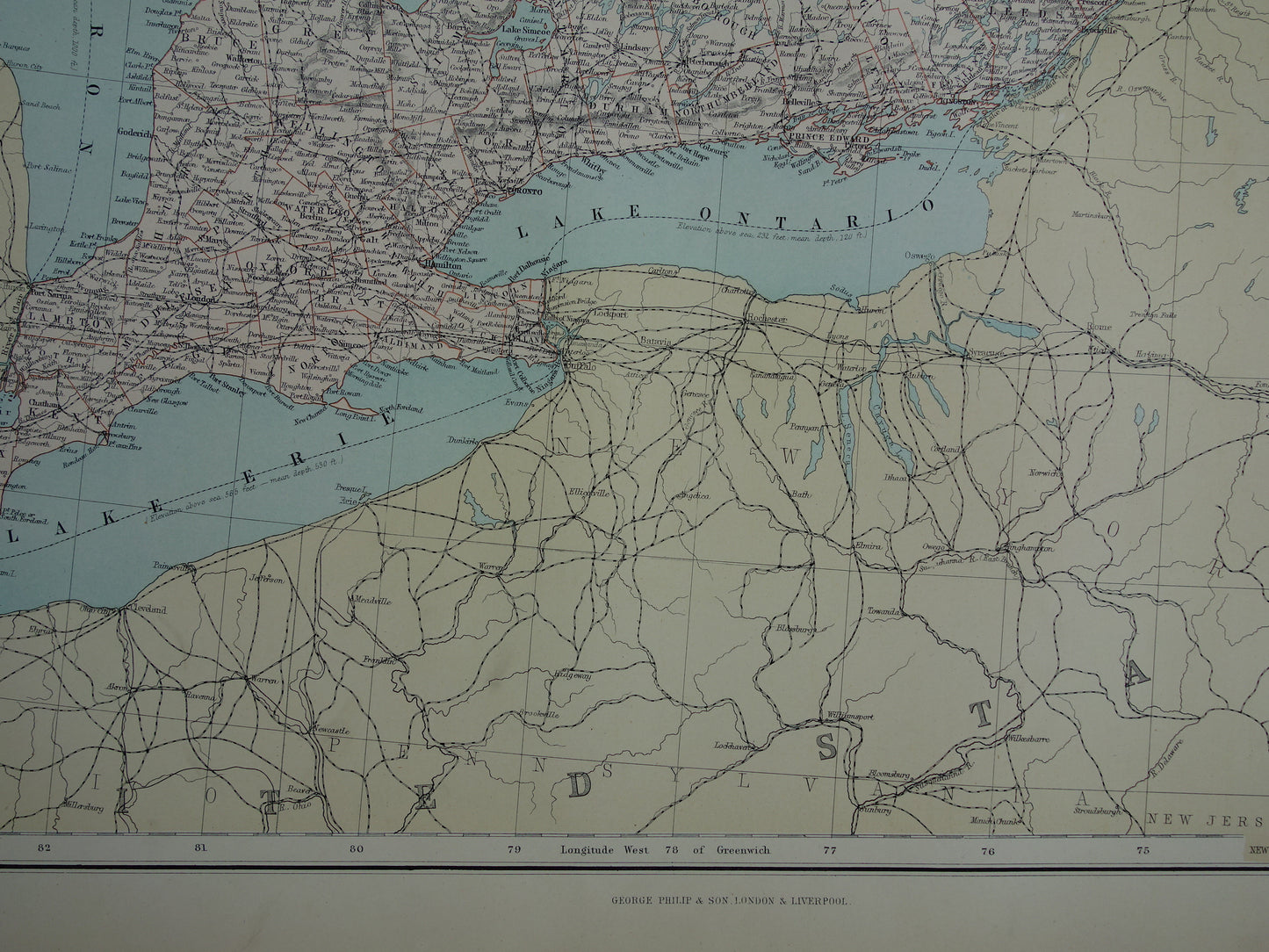 CANADA Grote antieke landkaart van Ontario en Quebec 1890 oude Engelse kaart poster Montréal Toronto Ottawa