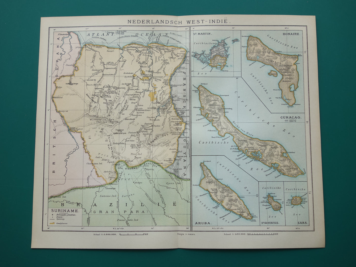 Suriname oude kaart uit 1922 originele antieke Nederlandse landkaart van Suriname en Caraïbisch gebied West-Indië