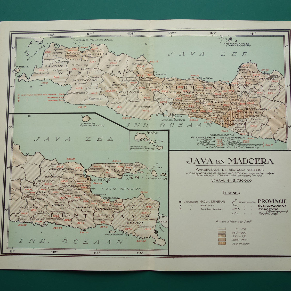 Oude kaart van Java en Madura Indonesië 1935 originele vintage Nederlandse landkaart