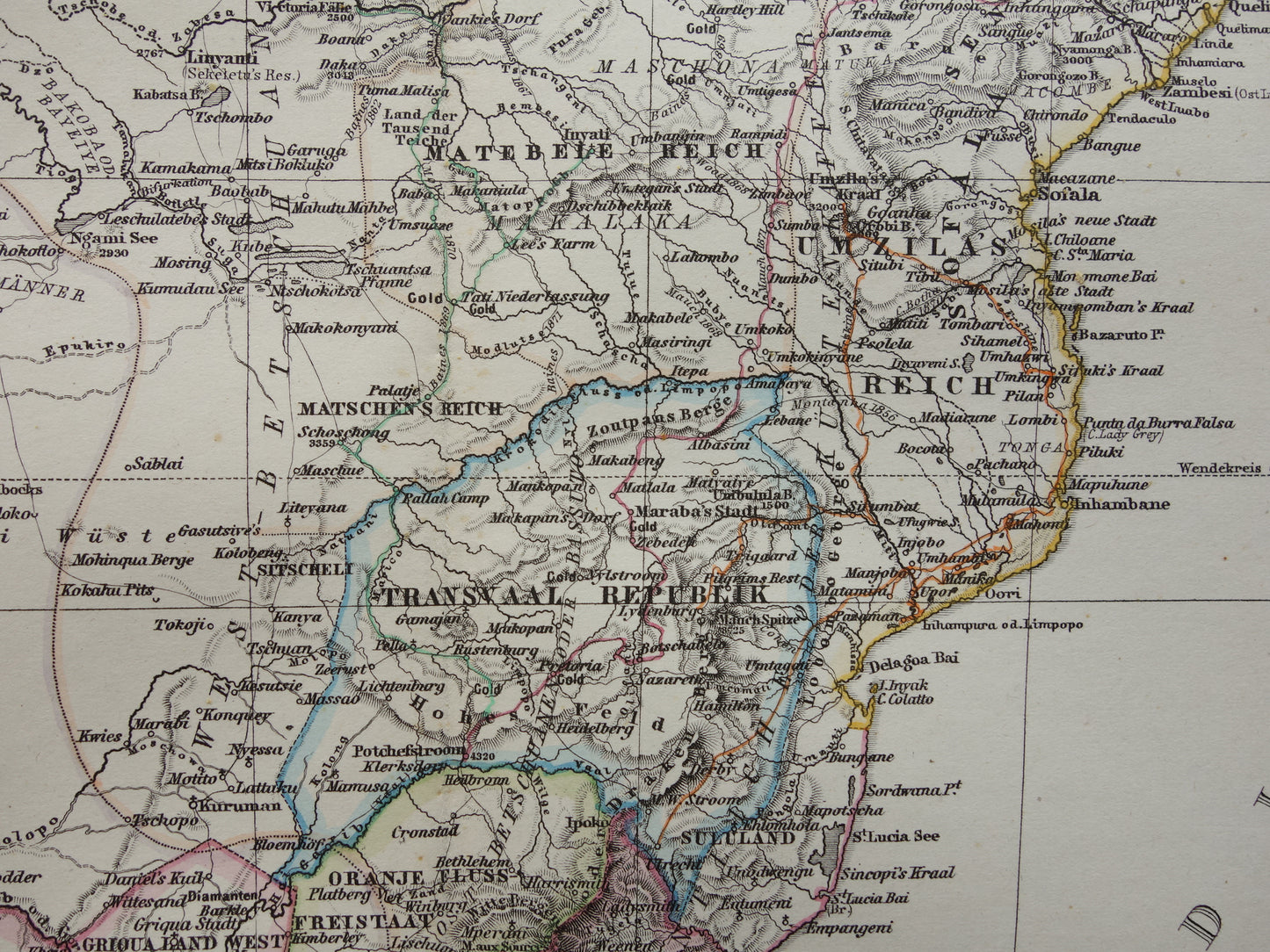 Antieke landkaart van Afrika in 1878 Grote originele 145+ jaar oude kaart van Zuid-Afrika Madagaskar Angola Namibië Botswana Tanzania Congo Mozambique Zambia Route Livingstone Andersson