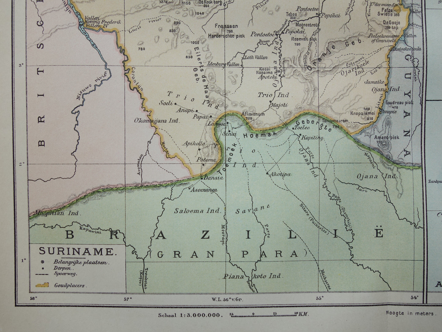 Suriname oude kaart uit 1922 originele antieke Nederlandse landkaart van Suriname en Caraïbisch gebied West-Indië