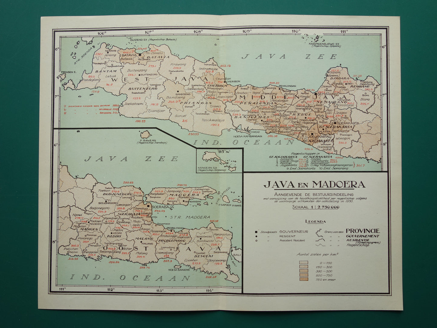 Old Map of Java and Madura Indonesia 1935 Original Vintage Dutch Map