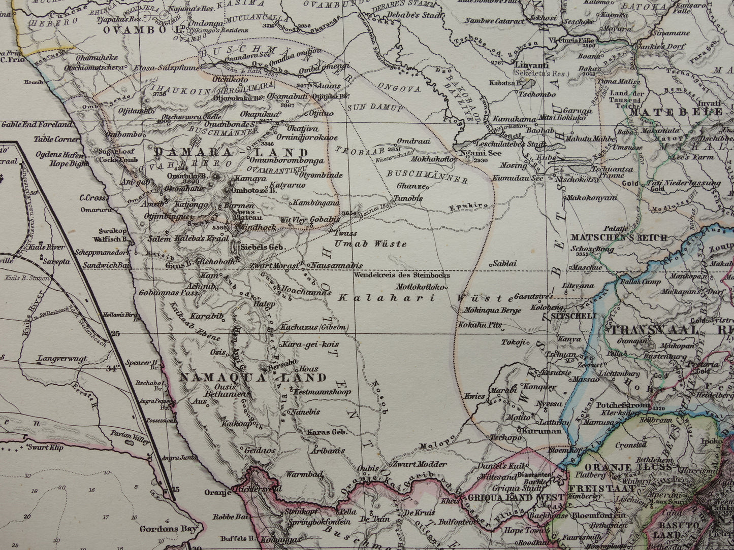 Antieke landkaart van Afrika in 1878 Grote originele 145+ jaar oude kaart van Zuid-Afrika Madagaskar Angola Namibië Botswana Tanzania Congo Mozambique Zambia Route Livingstone Andersson
