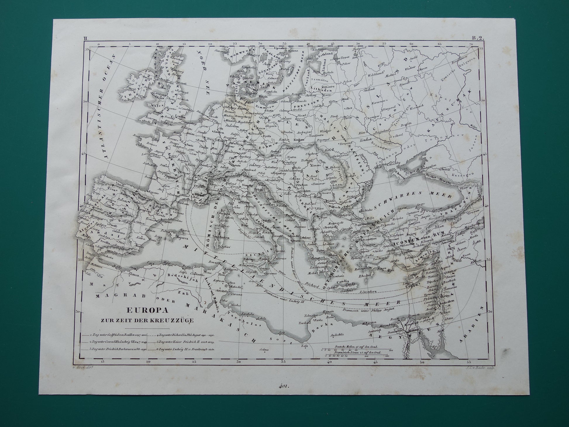 Antieke kaart van EUROPA tijdens kruistochten 175+ jaar oude landkaart van continent uit 1849 - originele vintage historische kaarten