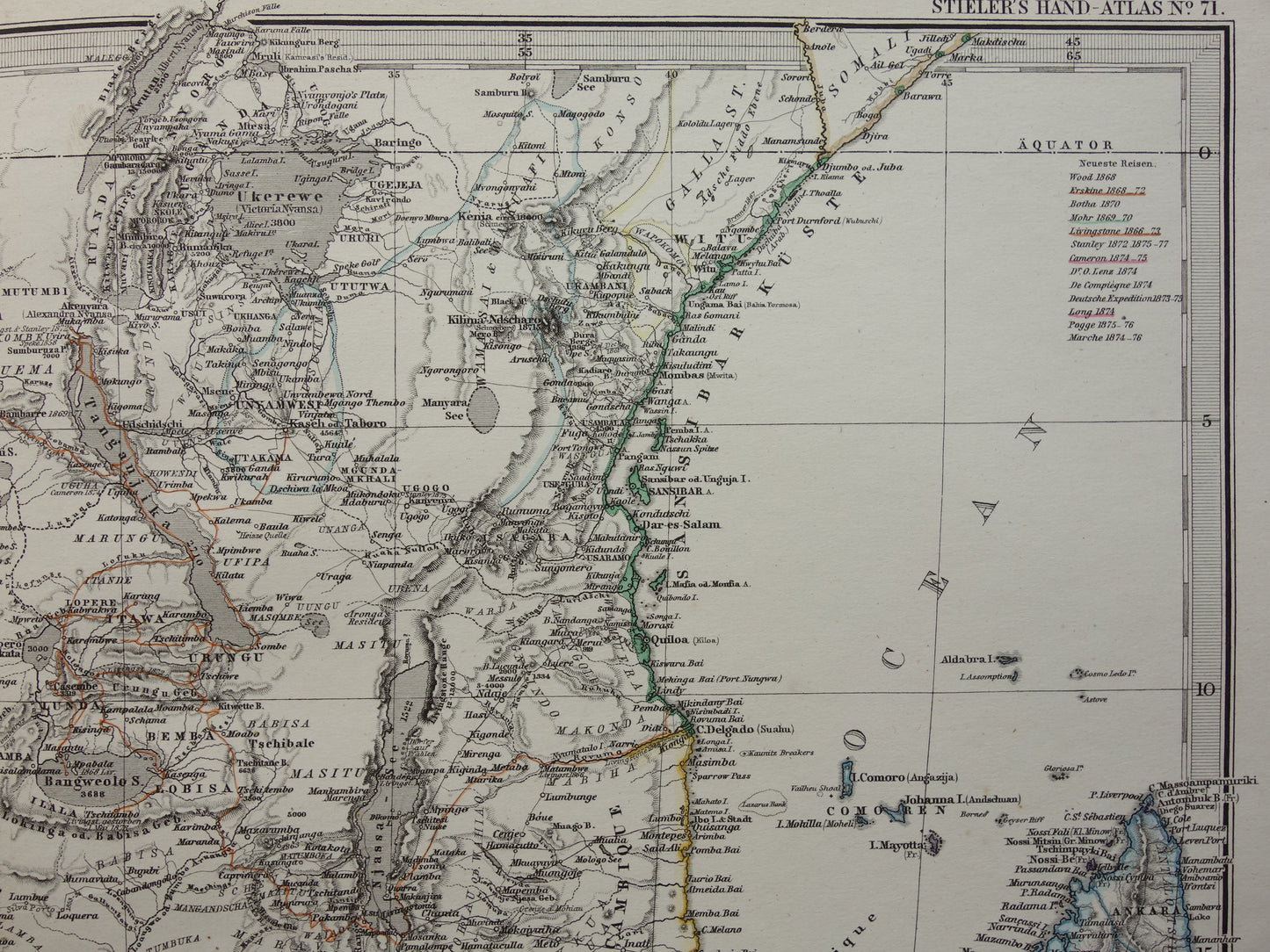 Antieke landkaart van Afrika in 1878 Grote originele 145+ jaar oude kaart van Zuid-Afrika Madagaskar Angola Namibië Botswana Tanzania Congo Mozambique Zambia Route Livingstone Andersson