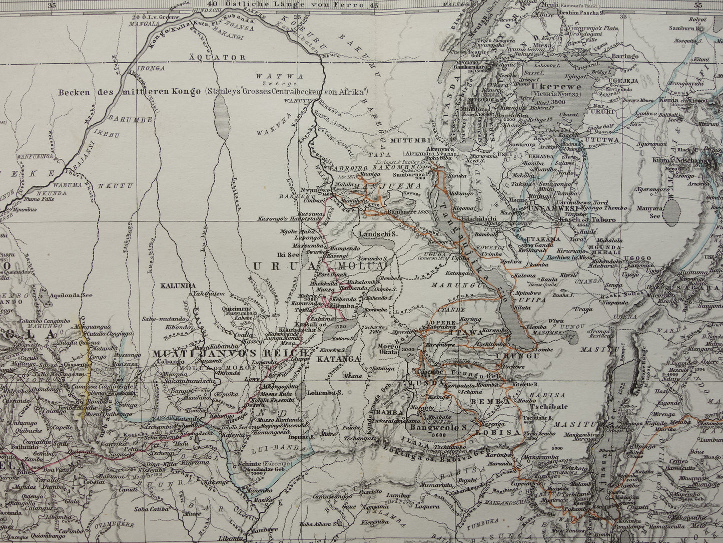 Antieke landkaart van Afrika in 1878 Grote originele 145+ jaar oude kaart van Zuid-Afrika Madagaskar Angola Namibië Botswana Tanzania Congo Mozambique Zambia Route Livingstone Andersson