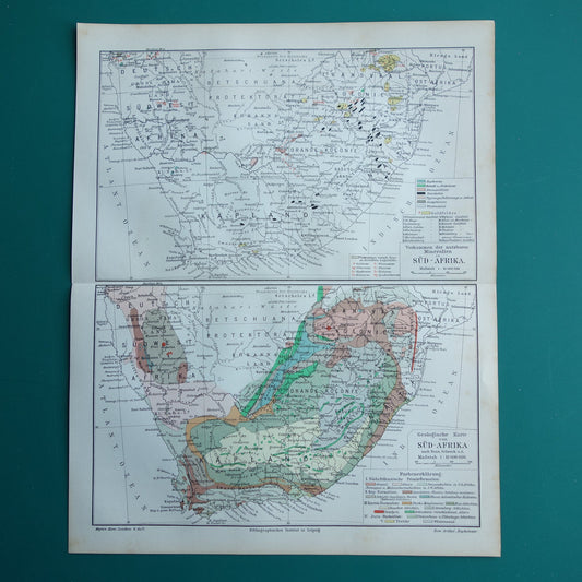 ZUID-AFRIKA oude geologie kaart uit 1909 antieke landkaart grondstoffen mineralen Zuid Afrika vintage print