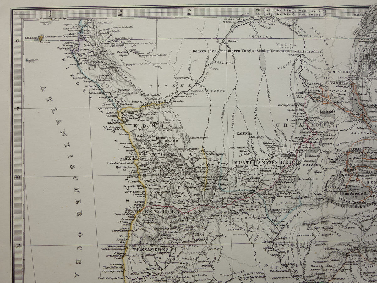 Antieke landkaart van Afrika in 1878 Grote originele 145+ jaar oude kaart van Zuid-Afrika Madagaskar Angola Namibië Botswana Tanzania Congo Mozambique Zambia Route Livingstone Andersson