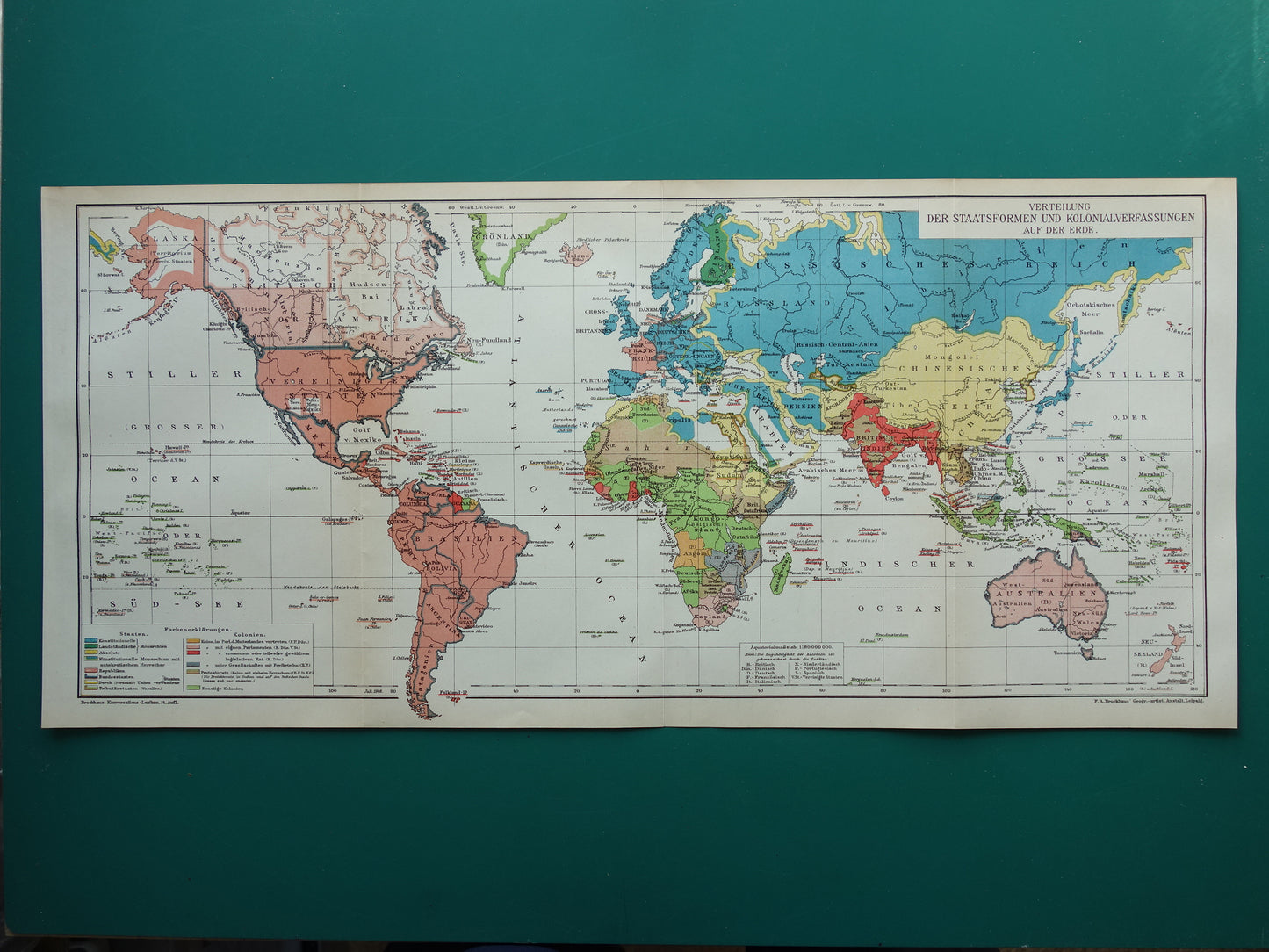 Oude wereldkaart van Staatsvormen en Koloniale bezittingen 1908 originele antieke kaart met jaartal