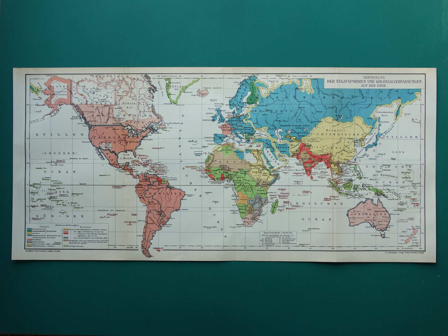 Oude wereldkaart van Staatsvormen en Koloniale bezittingen 1908 originele antieke kaart met jaartal