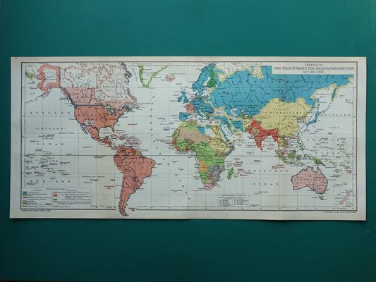 Oude wereldkaart van Staatsvormen en Koloniale bezittingen 1908 originele antieke kaart met jaartal