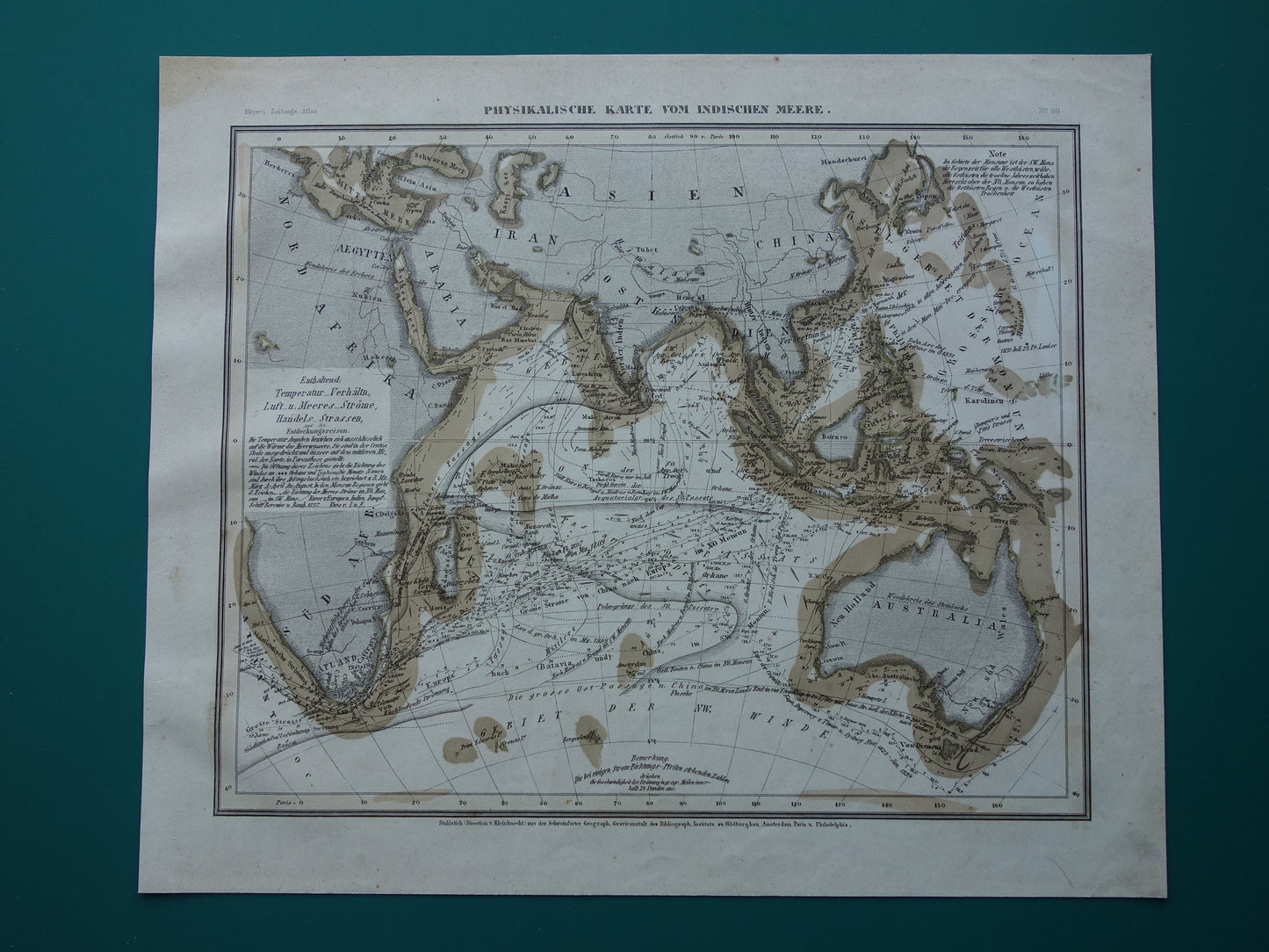 Antieke kaart van de Indische Oceaan Originele 170+ jaar oude antieke Duitse landkaart zeekaart
