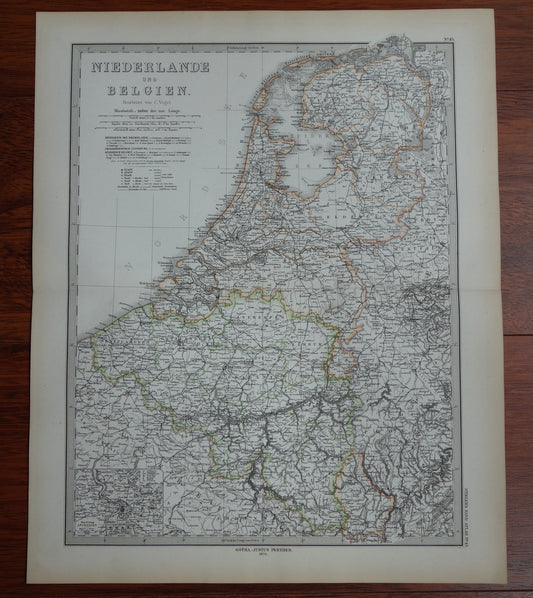 Oude landkaart van NEDERLAND en BELGIË in 1876 Antieke Duitse kaart Benelux vintage poster met jaartal