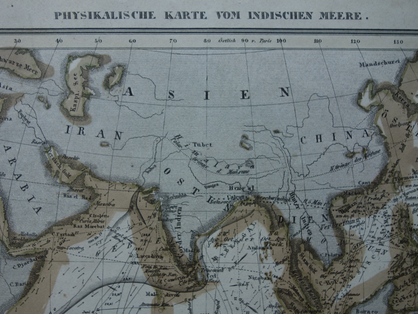 Antieke kaart van de Indische Oceaan Originele 170+ jaar oude antieke Duitse landkaart zeekaart