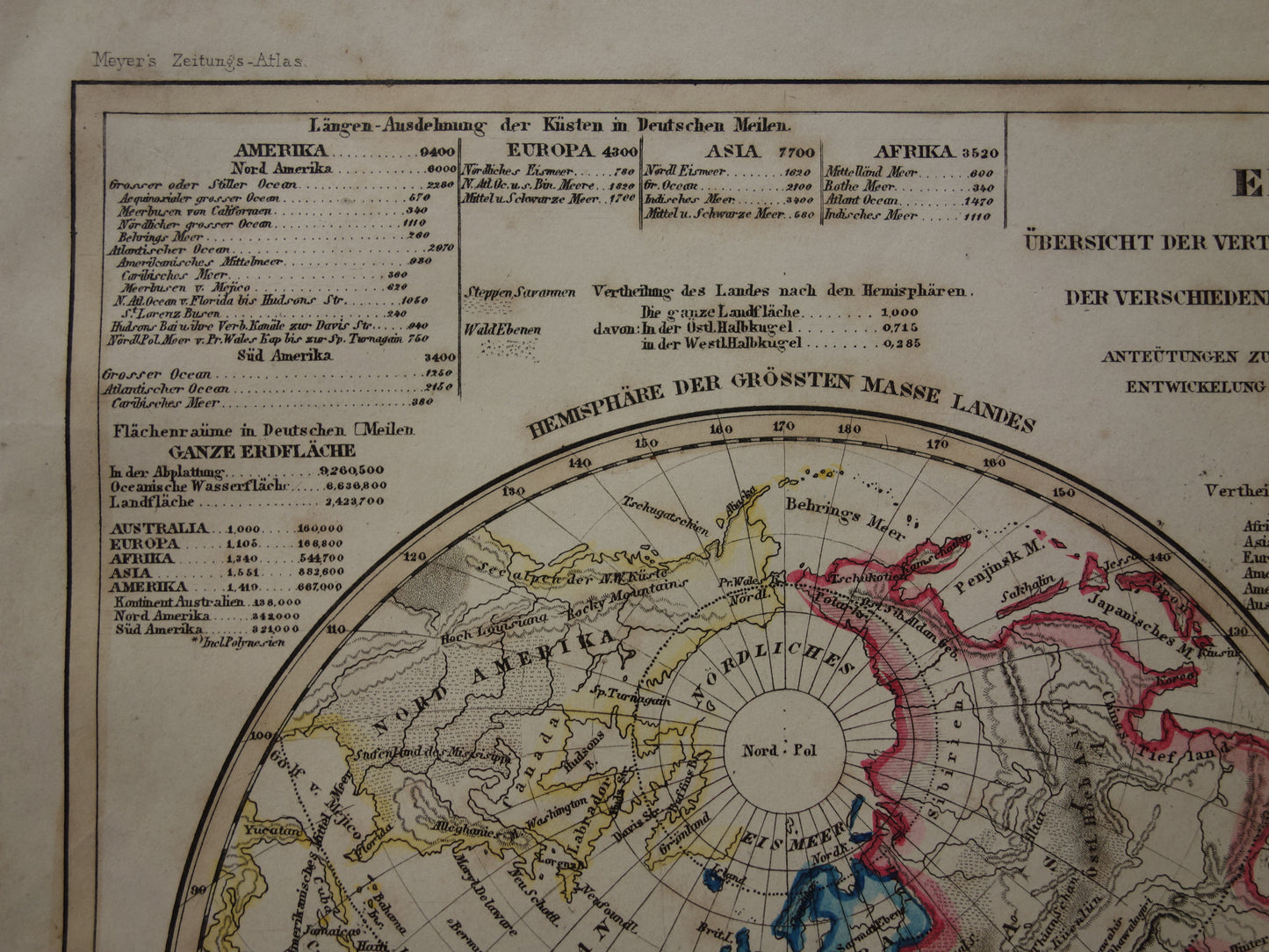 WERELDKAART oude kaart van de wereld 1849 originele antieke geologie dubbele hemisfeer landkaart watermassa en landmassa