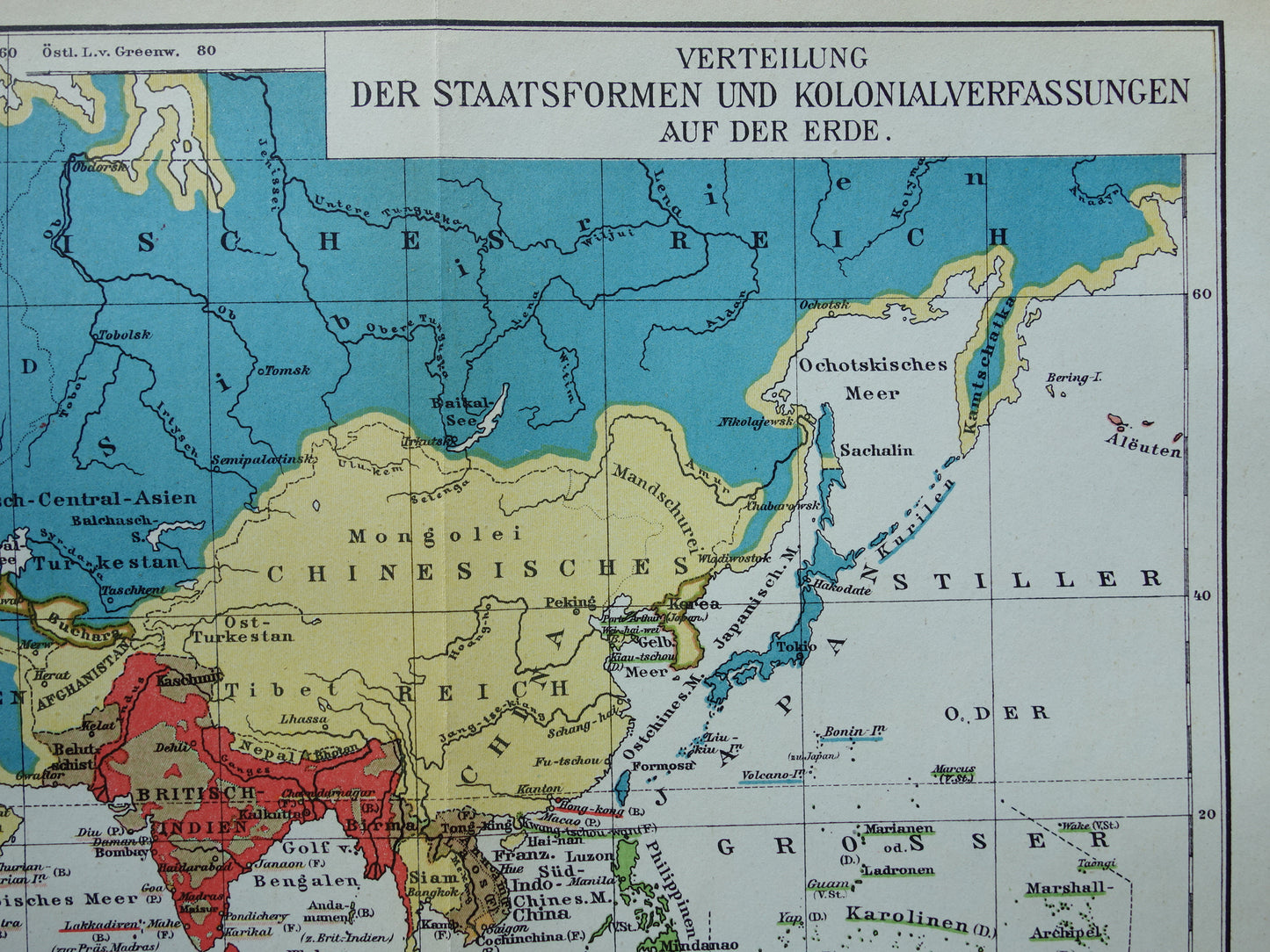 Oude wereldkaart van Staatsvormen en Koloniale bezittingen 1908 originele antieke kaart met jaartal