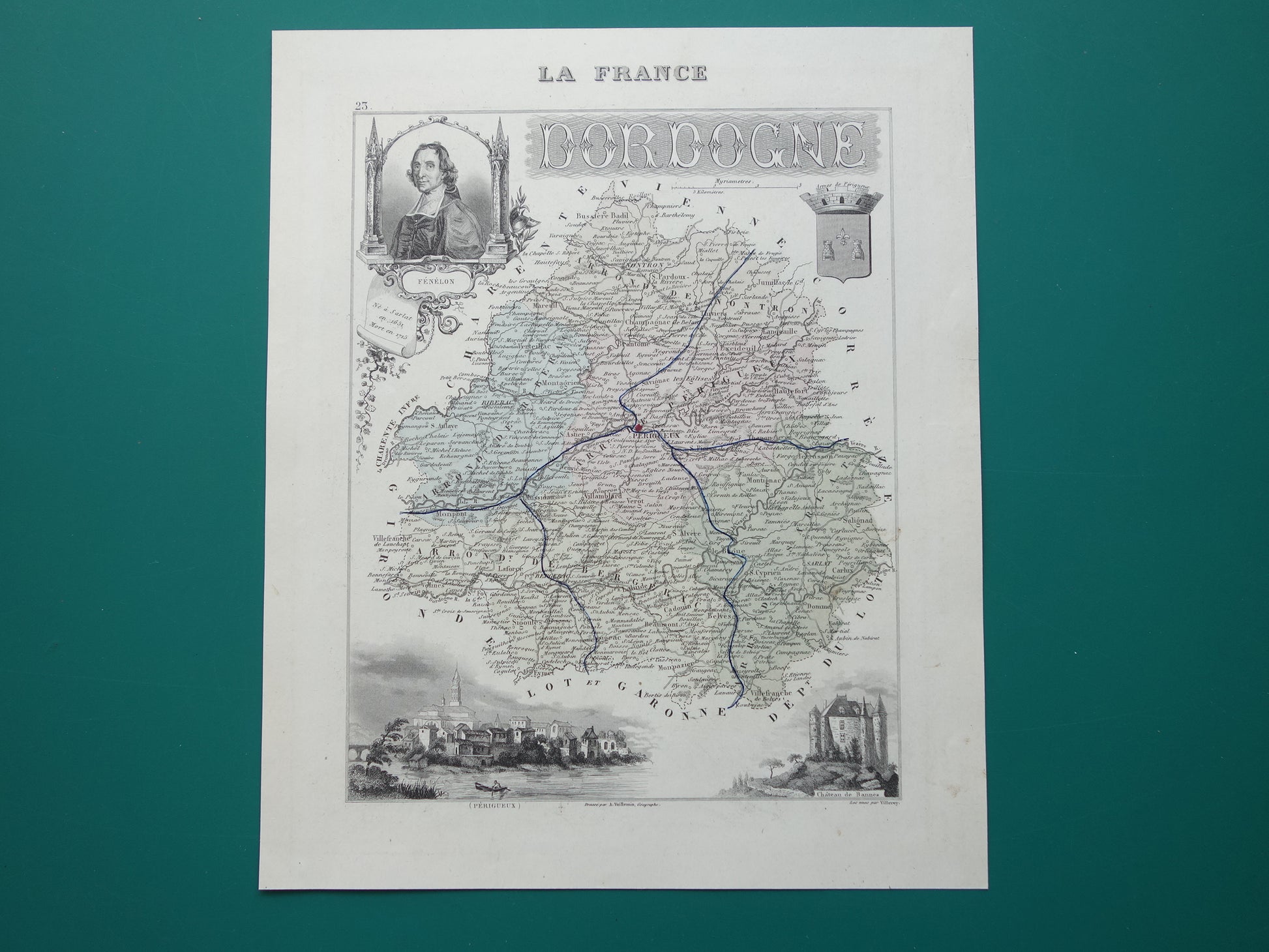 Oude kaart van Dordogne uit 1870 originele antieke landkaart Périgueux departement Frankrijk
