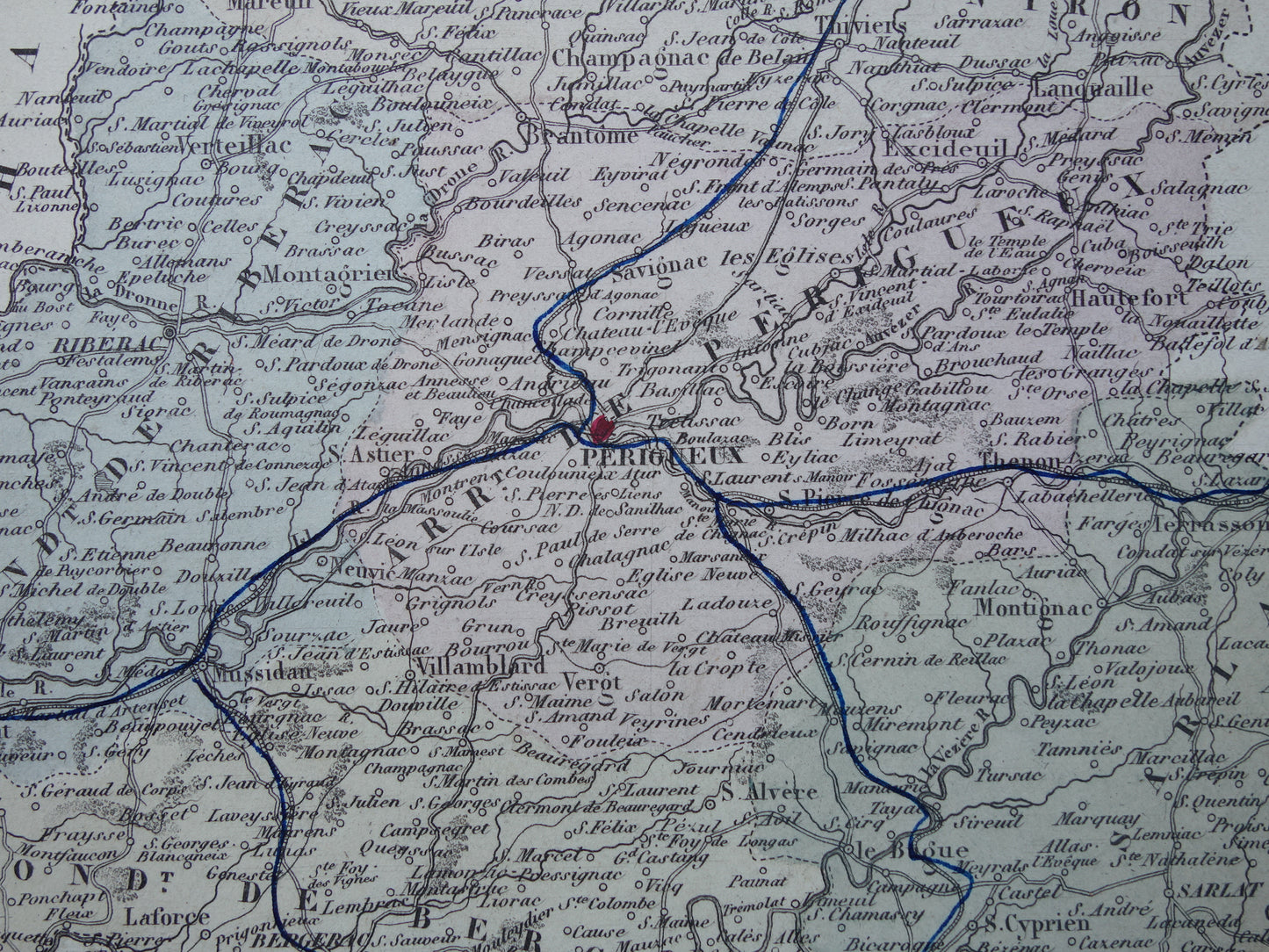 Oude kaart van Dordogne uit 1870 originele antieke landkaart Périgueux departement Frankrijk