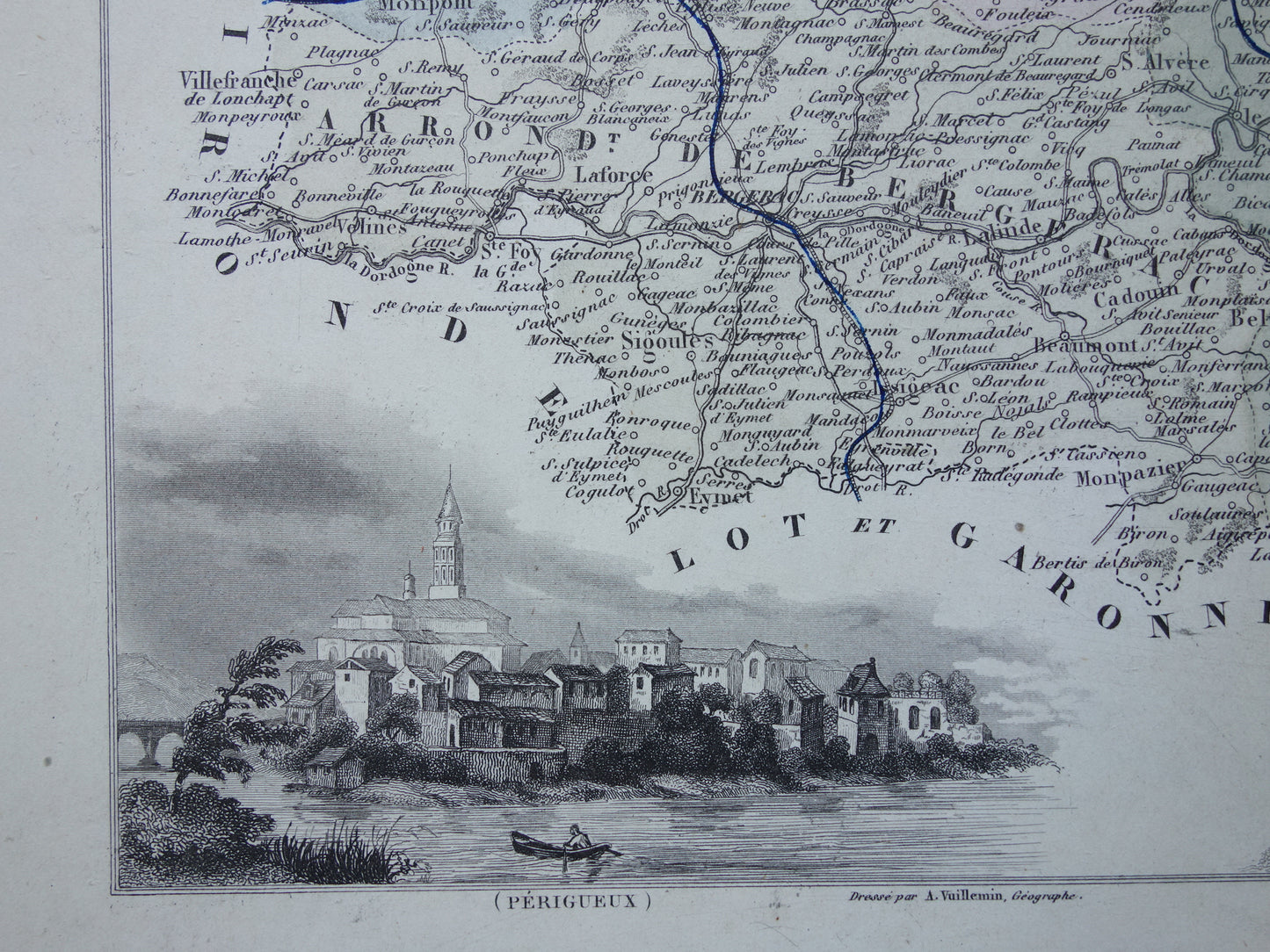 Oude kaart van Dordogne uit 1870 originele antieke landkaart Périgueux departement Frankrijk