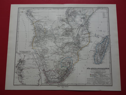 Antieke landkaart van Afrika in 1876 Grote originele 145+ jaar oude kaart van Zuid-Afrika Madagaskar Angola Namibië Botswana Tanzania Congo Mozambique Zambia Route Livingstone Andersson