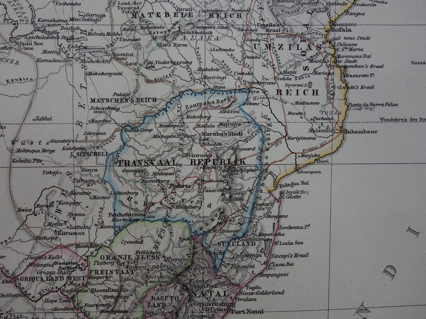 Antieke landkaart van Afrika in 1876 Grote originele 145+ jaar oude kaart van Zuid-Afrika Madagaskar Angola Namibië Botswana Tanzania Congo Mozambique Zambia Route Livingstone Andersson