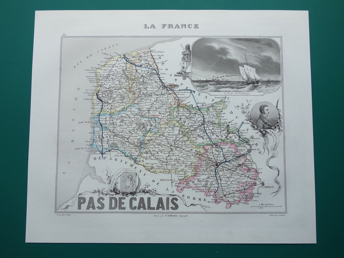 Oude kaart van Pas-de-Calais departement in Frankrijk uit 1856 originele antieke handgekleurde landkaart