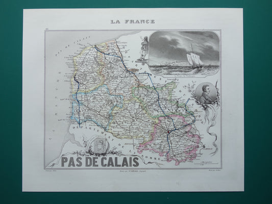 Oude kaart van Pas-de-Calais departement in Frankrijk uit 1856 originele antieke handgekleurde landkaart