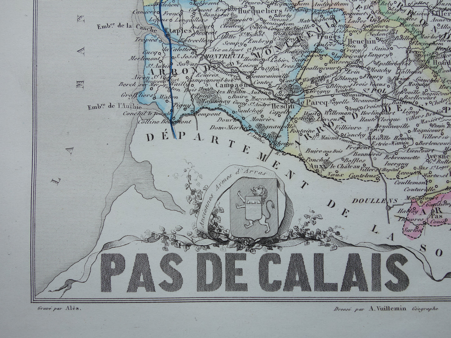 Oude kaart van Pas-de-Calais departement in Frankrijk uit 1856 originele antieke handgekleurde landkaart
