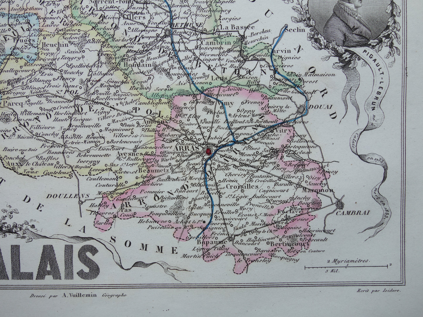 Oude kaart van Pas-de-Calais departement in Frankrijk uit 1856 originele antieke handgekleurde landkaart