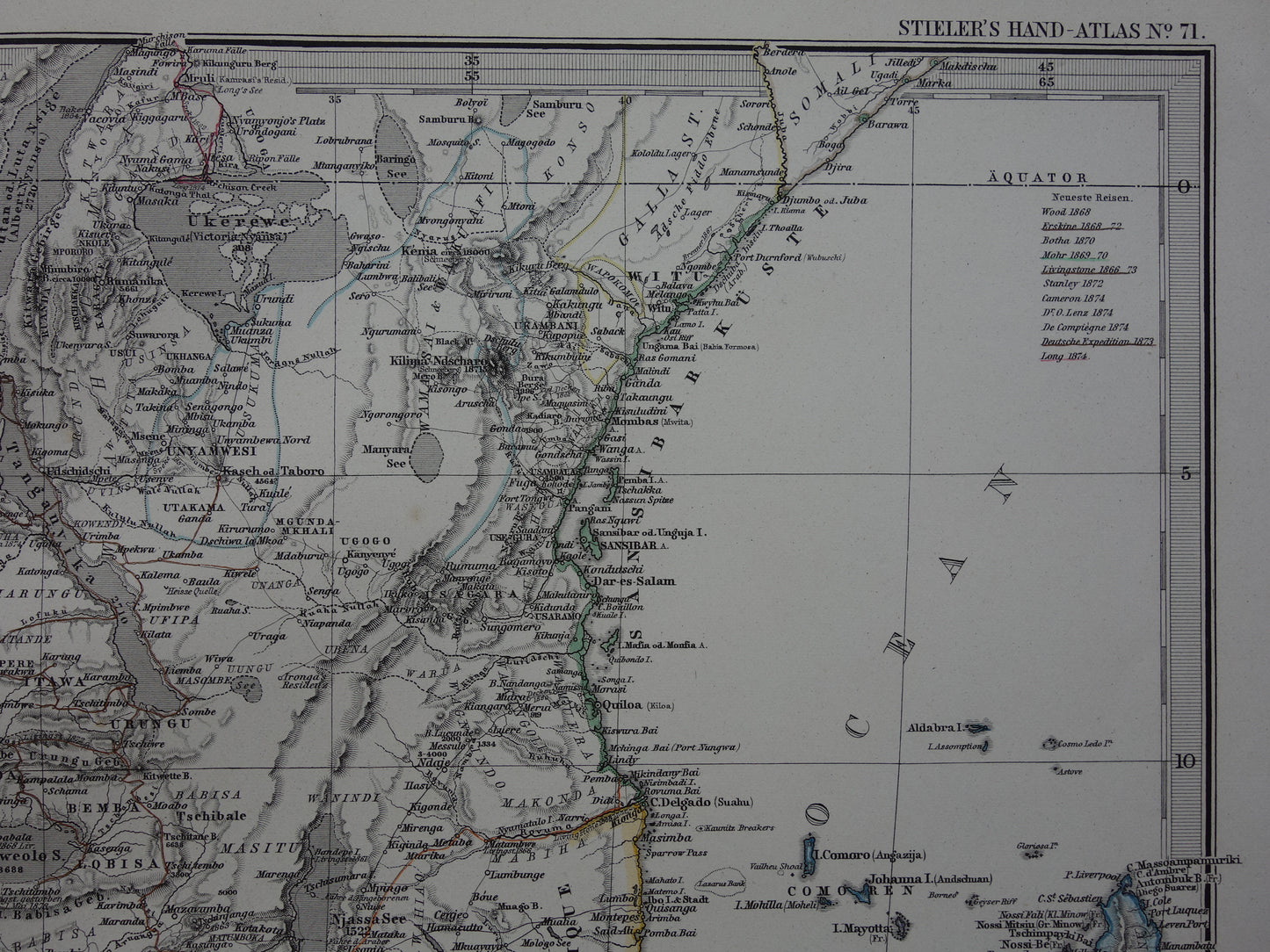 Antieke landkaart van Afrika in 1876 Grote originele 145+ jaar oude kaart van Zuid-Afrika Madagaskar Angola Namibië Botswana Tanzania Congo Mozambique Zambia Route Livingstone Andersson