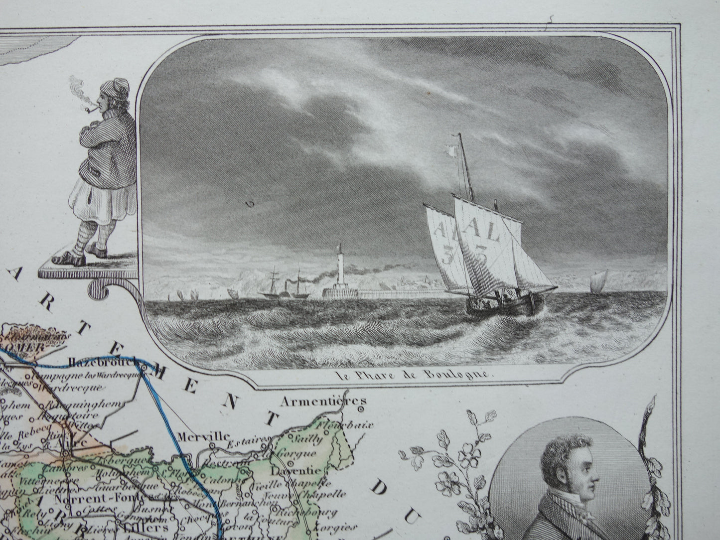 Oude kaart van Pas-de-Calais departement in Frankrijk uit 1856 originele antieke handgekleurde landkaart