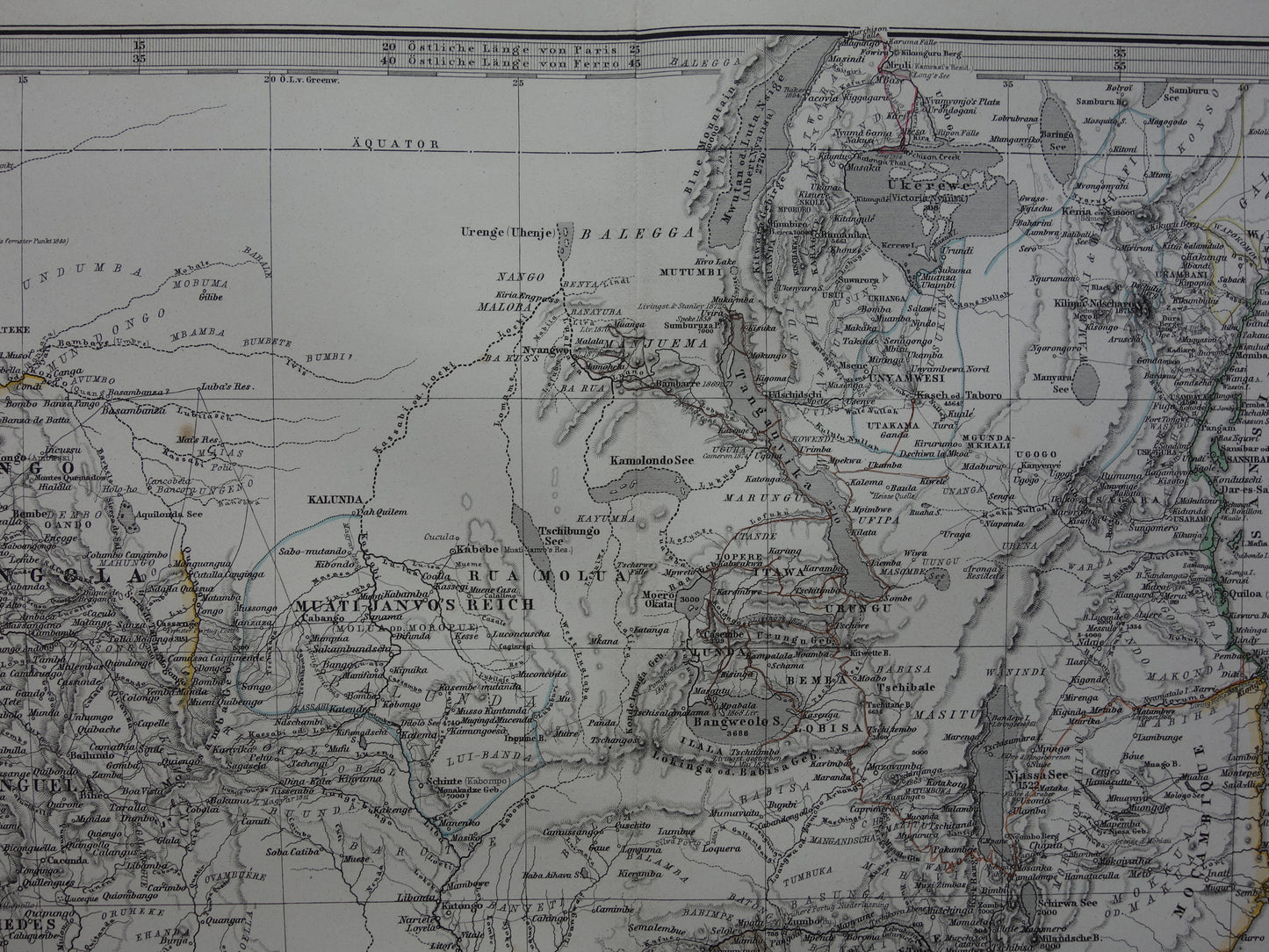 Antieke landkaart van Afrika in 1876 Grote originele 145+ jaar oude kaart van Zuid-Afrika Madagaskar Angola Namibië Botswana Tanzania Congo Mozambique Zambia Route Livingstone Andersson