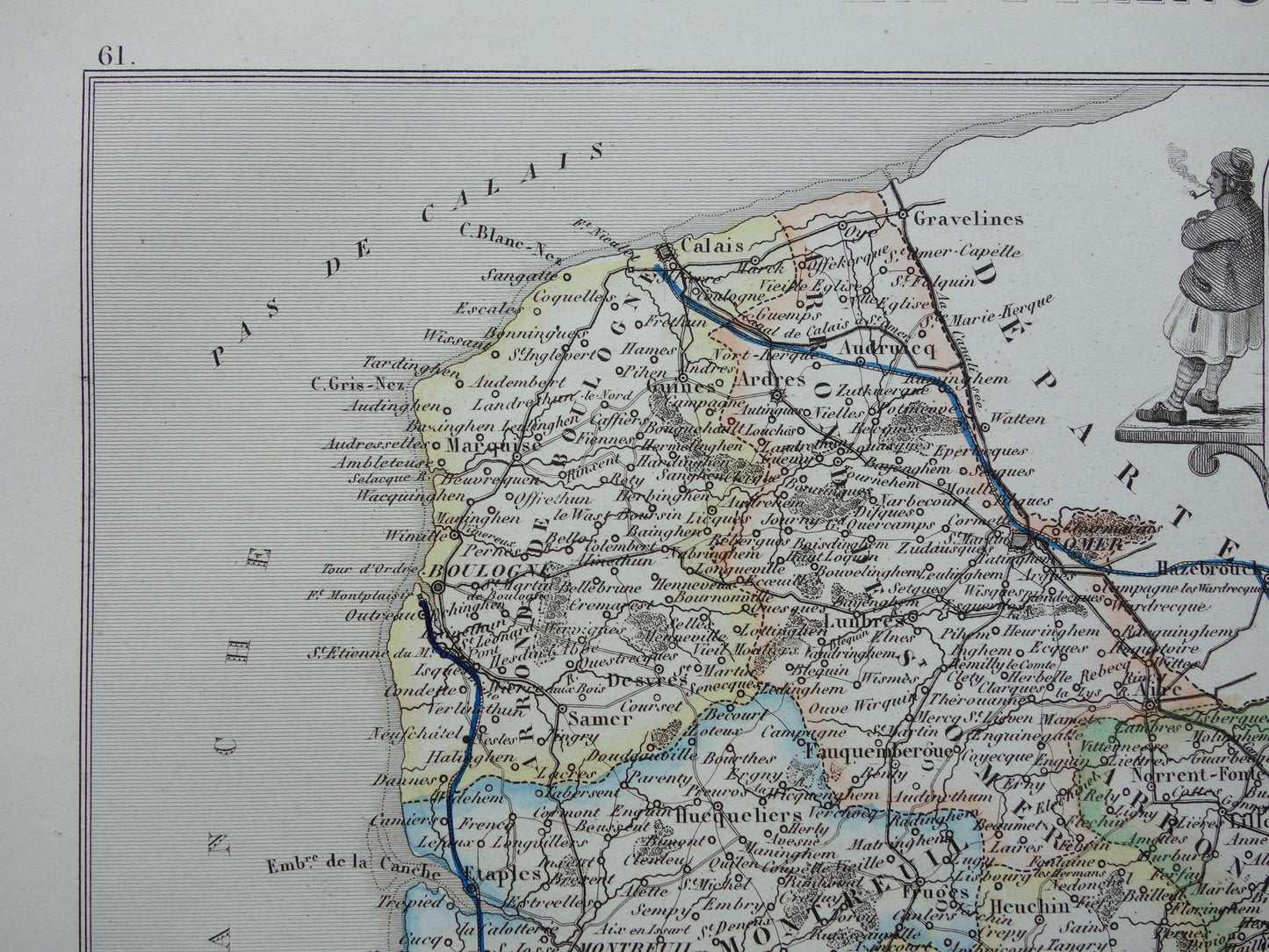 Oude kaart van Pas-de-Calais departement in Frankrijk uit 1856 originele antieke handgekleurde landkaart